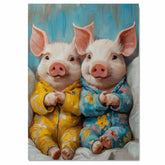 Adorable Painting of Two Cute Piglets in Colorful Pajamas Holding Hands with Happy Smiles Perfect for Farm Animal Lovers and Whimsical Nursery Themes on Ready to Hang 1.5" Thick Canvas Wrap, Floating Framed Canvas, Flat Rolled Canvas